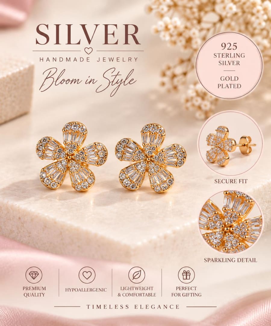 Golden Bloom Floral Studs 925 Silver