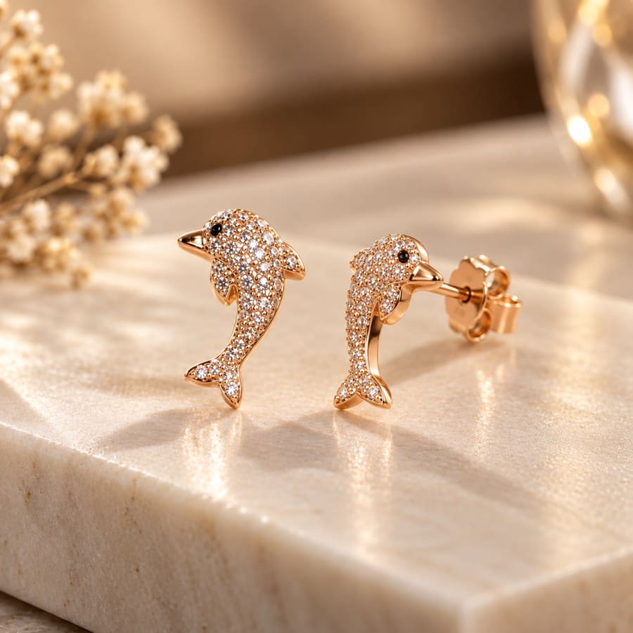 Rose Gold Dolphin Sparkle Stud Earrings