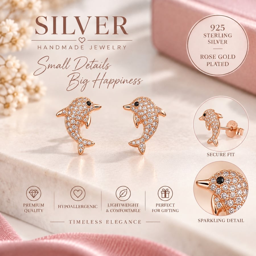 Rose Gold Dolphin Sparkle Stud Earrings