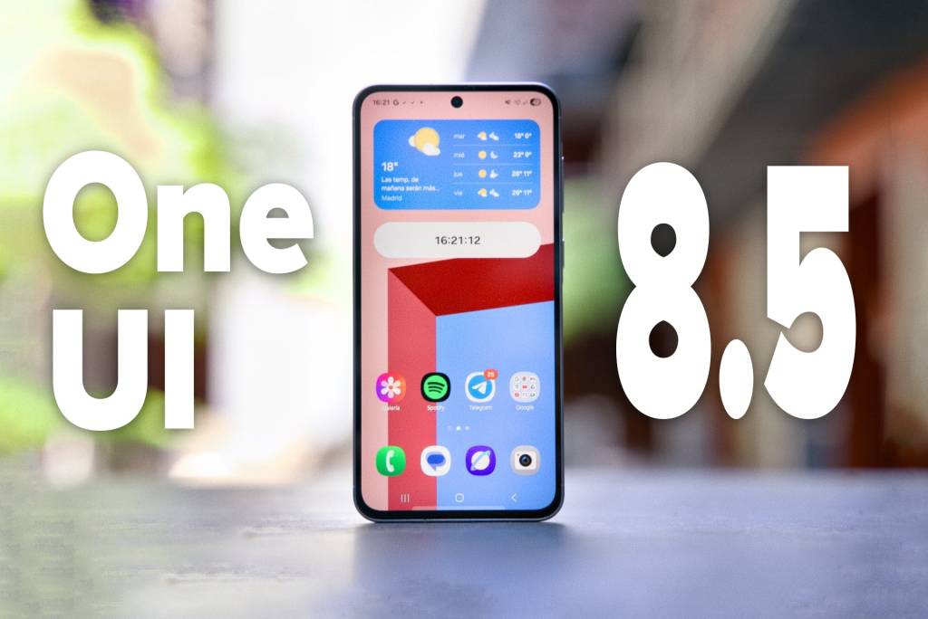 Smartphone Samsung con interfaz One UI 8.5 mostrando gráficos futuristas y elementos de IA.