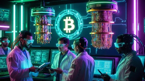 Representación abstracta de un ordenador cuántico interactuando con el logo de Bitcoin.