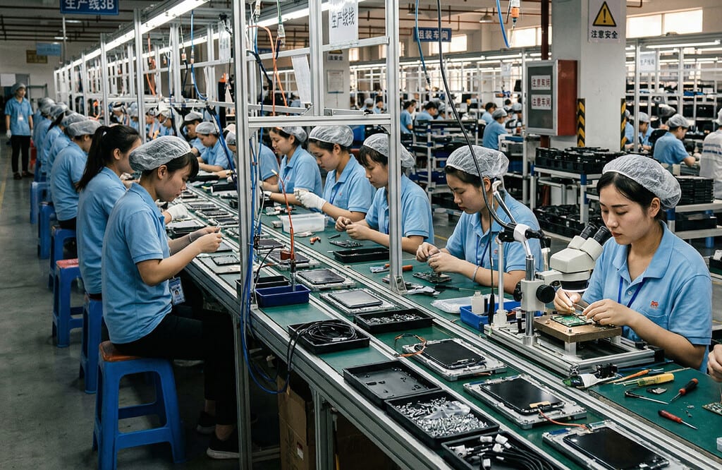 Representación visual de fábricas chinas adaptándose a un entorno de aranceles y tensiones comerciales globales, con elementos de tecnología y logística.