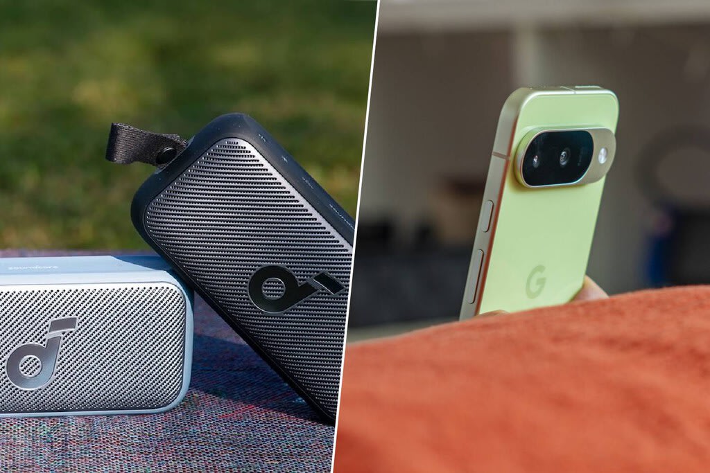 Una composición de varios dispositivos tecnológicos, incluyendo un smartphone Google Pixel, un ratón vertical Logitech y un repetidor WiFi, sobre un fondo limpio y moderno.