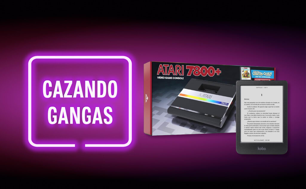 Collage de dispositivos tecnológicos con precios rebajados: un MacBook Air, una Nintendo Switch, un eReader Kobo y un smartphone Poco.