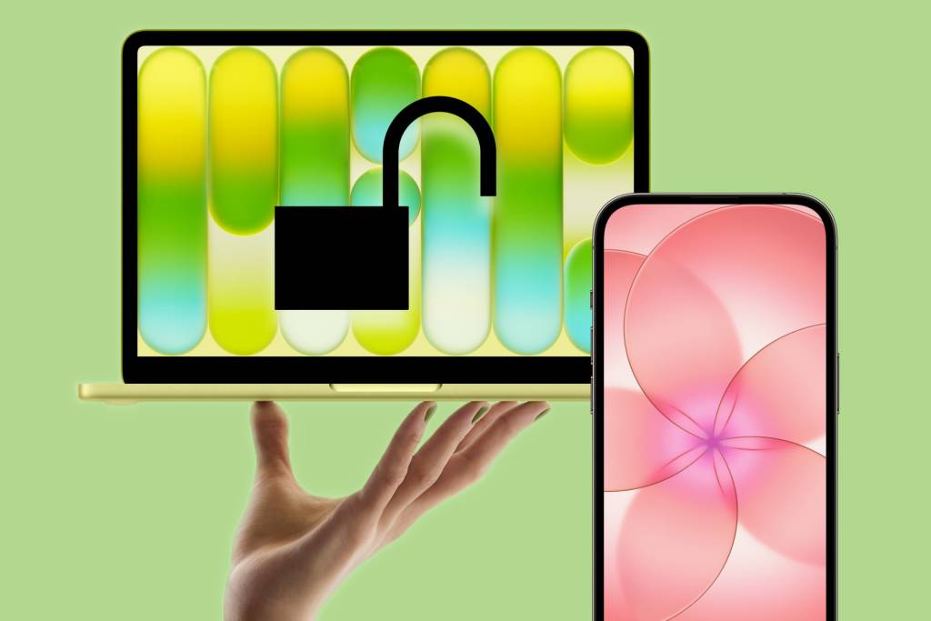 Un primer plano de un Apple Watch mostrando la interfaz de desbloqueo frente a un MacBook moderno, con un enfoque suave en el fondo.