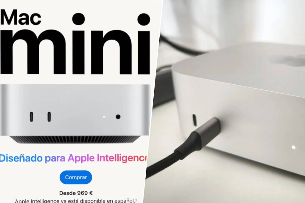 Mac Mini de Apple sobre un fondo tecnológico abstracto con destellos de luz azul.