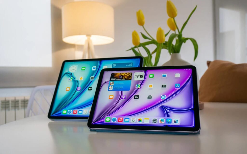 Un iPad moderno sobre un fondo limpio y profesional, con un gráfico sutil que indica un descuento.