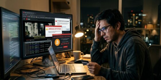 Un diagrama abstracto que representa la conexión entre la piratería digital y la minería de criptomonedas, con nodos de datos y cadenas de bloques.
