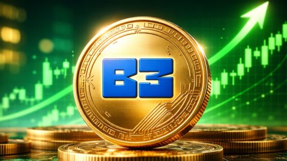 Gráfico de criptomoneda B3 mostrando un ascenso pronunciado, con el logo de Upbit de fondo.