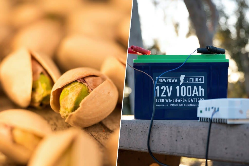 Una batería de aspecto futurista construida con materiales orgánicos y cáscaras de pistacho, sobre un fondo blanco limpio.
