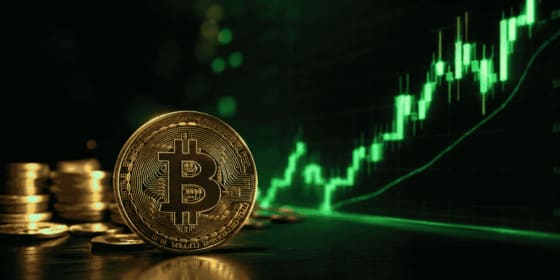 Gráfico de barras ascendente mostrando la acumulación de Bitcoin por parte de instituciones financieras, con un fondo tecnológico abstracto.