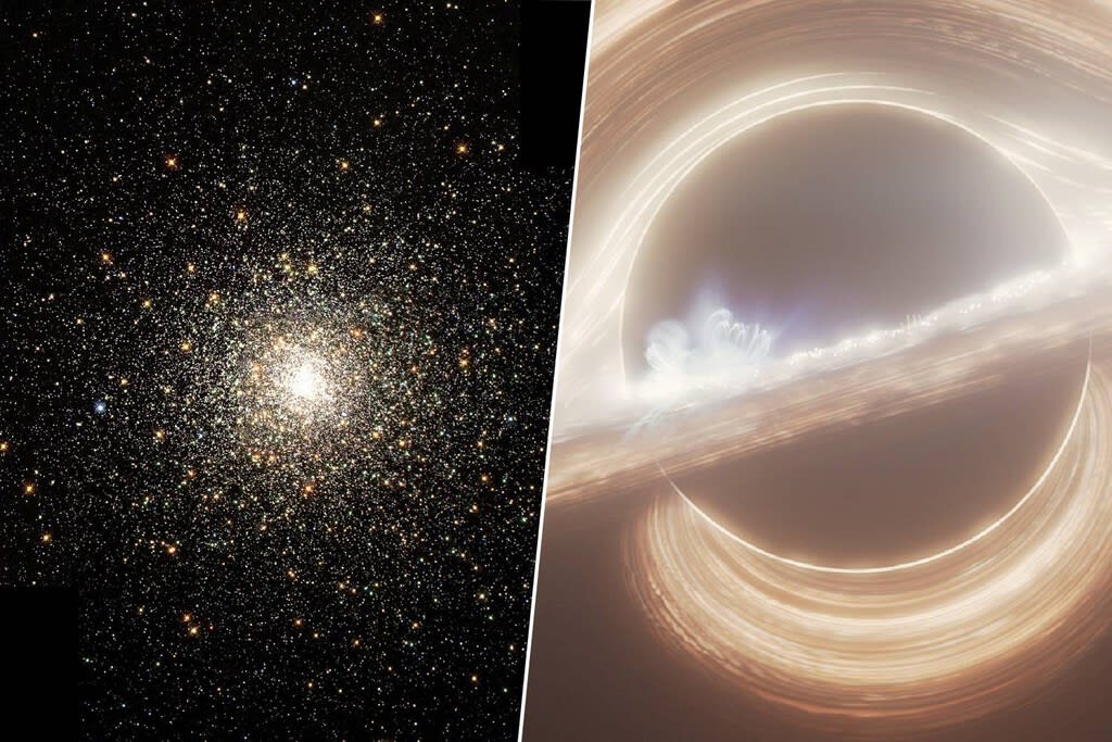 Representación artística de dos agujeros negros fusionándose en un denso cúmulo estelar, emitiendo ondas gravitacionales.