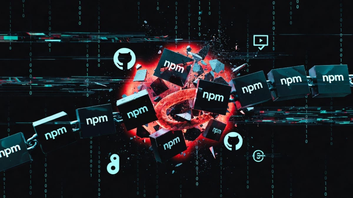 Ilustración abstracta de un código de computadora con un candado roto y símbolos de criptomonedas desbordándose.