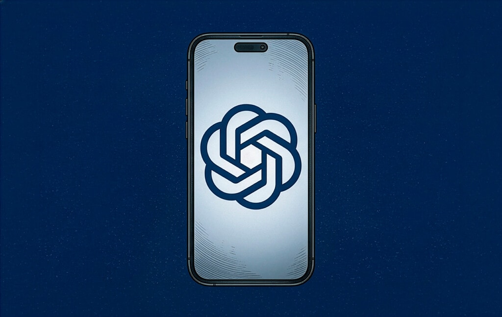 Representación abstracta de la conexión entre un logo de Apple y un logo de OpenAI, mostrando una grieta sutil entre ellos.