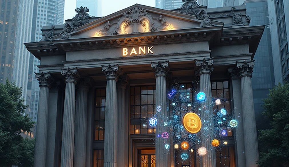 Una imagen de alta tecnología que representa la seguridad digital y la innovación financiera, con elementos abstractos de bloques de datos y redes entrelazadas.