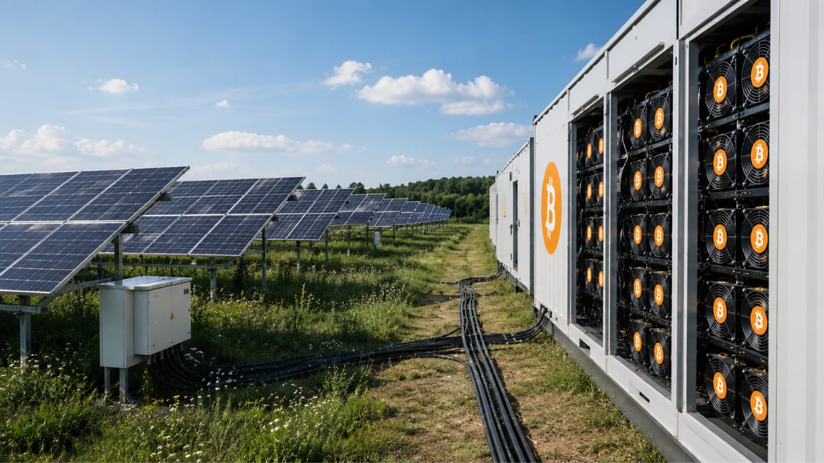 Representación abstracta de energía renovable fluyendo hacia equipos de minería de Bitcoin en un centro de datos moderno en Europa.