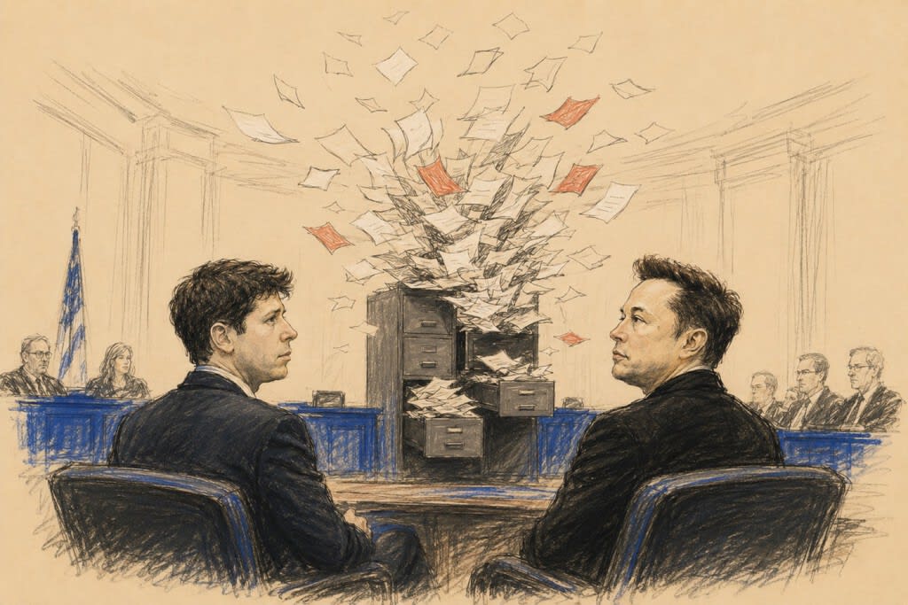 Sam Altman speaking at a podium, with a blurred background of a courtroom or conference hall.