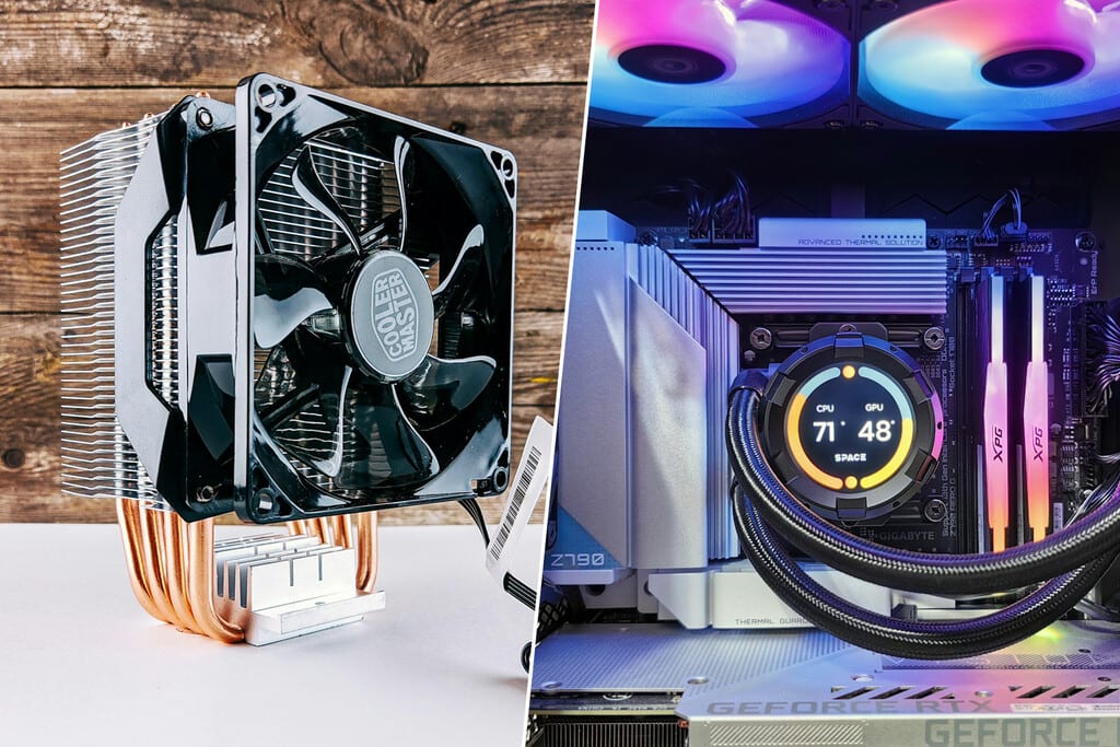 Comparación de un disipador de CPU por aire y un sistema de refrigeración líquida sobre un fondo técnico.