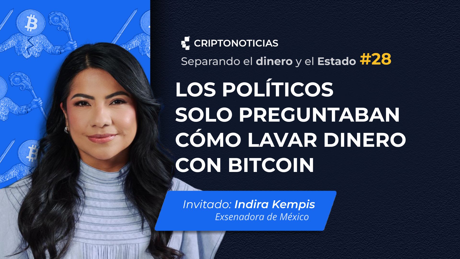 Senadora en México discutiendo sobre Bitcoin, con un gráfico abstracto de red de nodos en el fondo.