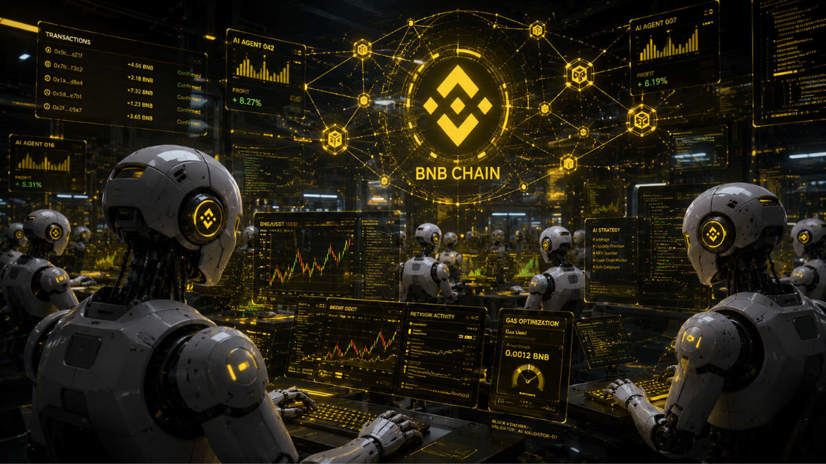 Representación abstracta de una red blockchain conectando nodos con iconos de inteligencia artificial y monedas digitales.