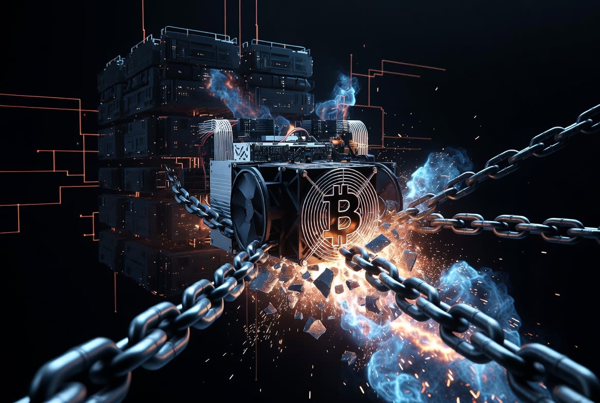 Gráfico abstracto mostrando nodos interconectados representando la descentralización de la minería de Bitcoin.