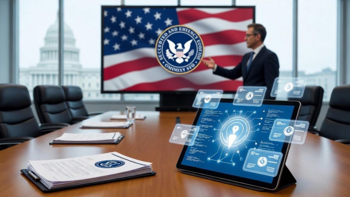 Imagen conceptual de un gráfico bursátil digitalizado con elementos de blockchain en segundo plano.