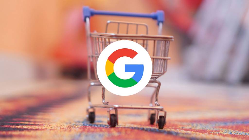 Representación visual futurista de un carrito de compras digital integrado con interfaces de inteligencia artificial y logos de Google.