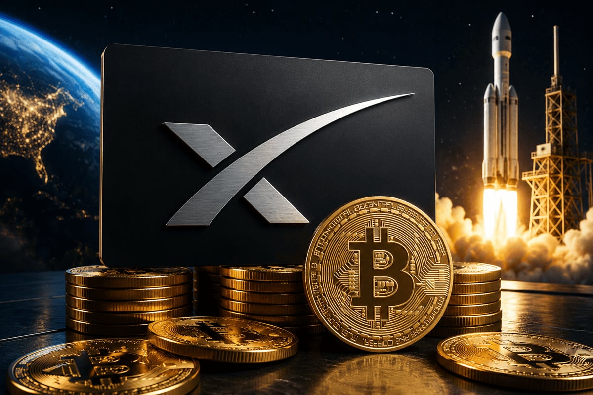 Imagen conceptual de SpaceX con elementos de Bitcoin integrados, representando la intersección de la tecnología espacial y las finanzas digitales.