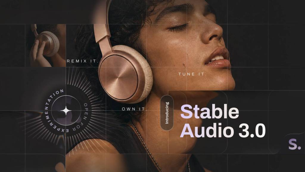Interfaz de Stable Audio 3.0 mostrando opciones de generación musical con elementos visuales abstractos de ondas sonoras.