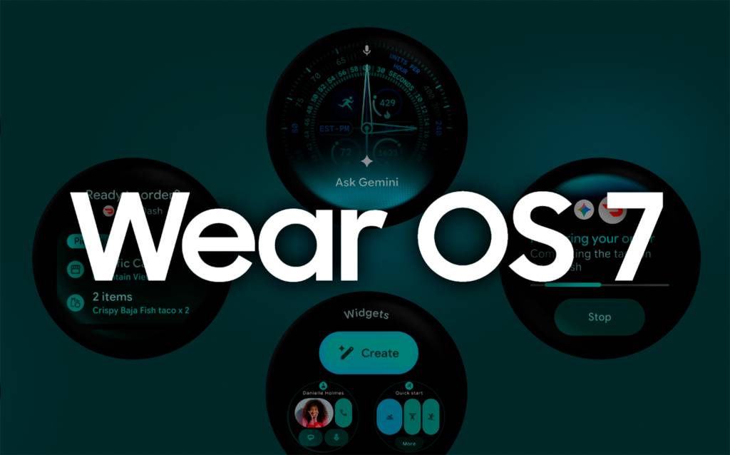 Close-up of a modern smartwatch displaying the Wear OS 7 interface, with a clean and futuristic design. The watch is on a person's wrist.
