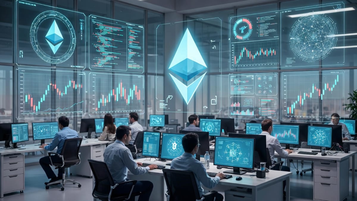 Representación abstracta de una red digital interconectada con nodos brillantes, simbolizando la tecnología blockchain y la fundación Ethereum.