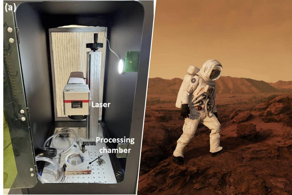 Representación artística de una impresora 3D trabajando en la superficie de Marte, utilizando la atmósfera del planeta para fabricar una herramienta metálica.