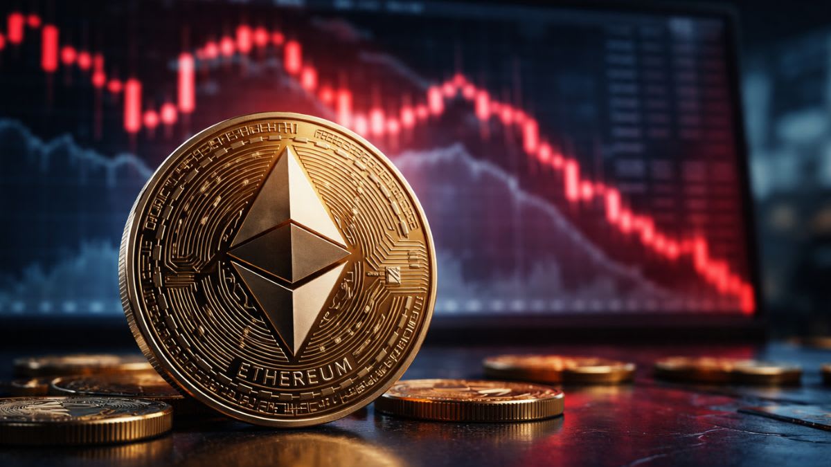 Gráfico de precios de Ether (ETH) con una flecha descendente, simbolizando la caída del mercado, con un fondo abstracto que representa la tecnología blockchain y la Fundación Ethereum.