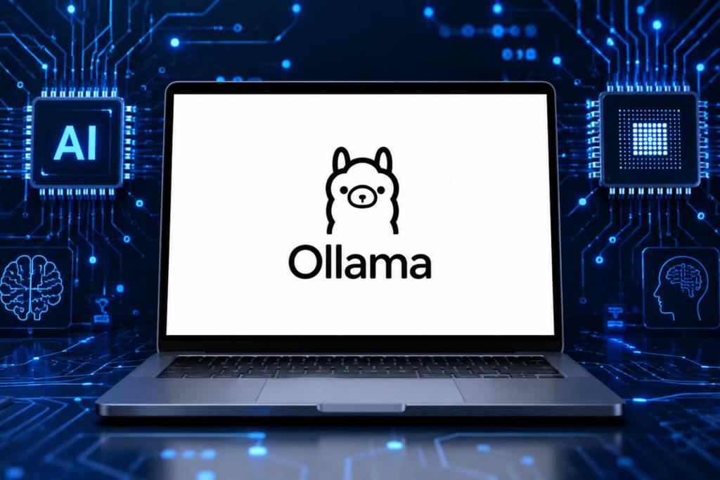 Un ordenador personal mostrando gráficos abstractos de inteligencia artificial, con el logo de Ollama sutilmente integrado en la interfaz.