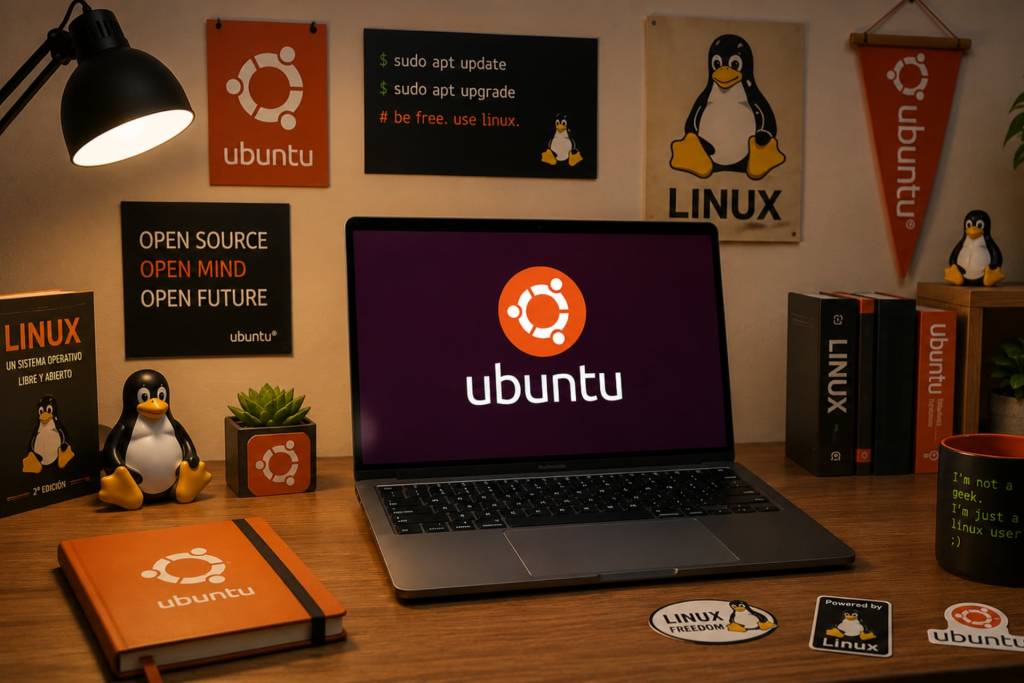 Una captura de pantalla limpia y moderna del escritorio de Ubuntu con varios íconos de aplicaciones y una ventana de terminal abierta.