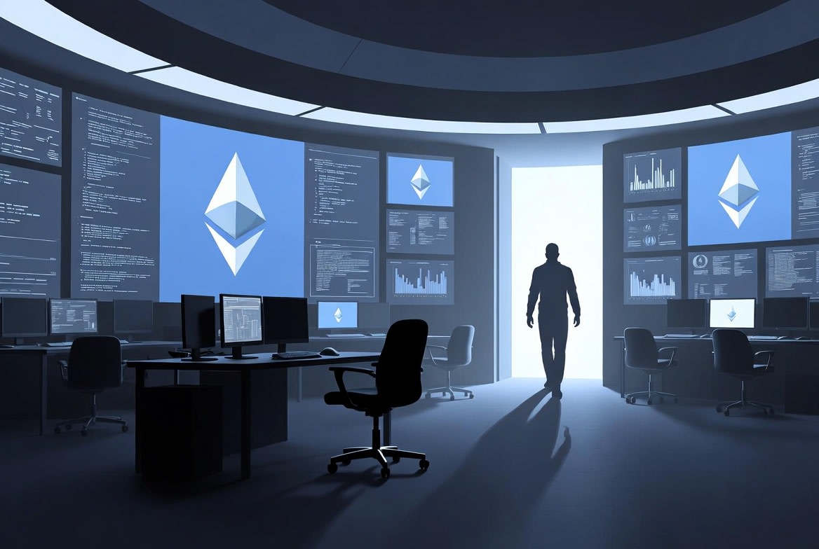 Diagrama conceptual abstracto que ilustra la interconexión de nodos en una red descentralizada, simbolizando la evolución de Ethereum.