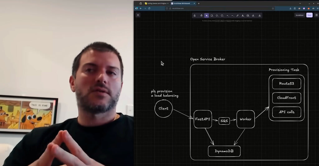 Ingeniero presentando diagrama de arquitectura de software en pantalla