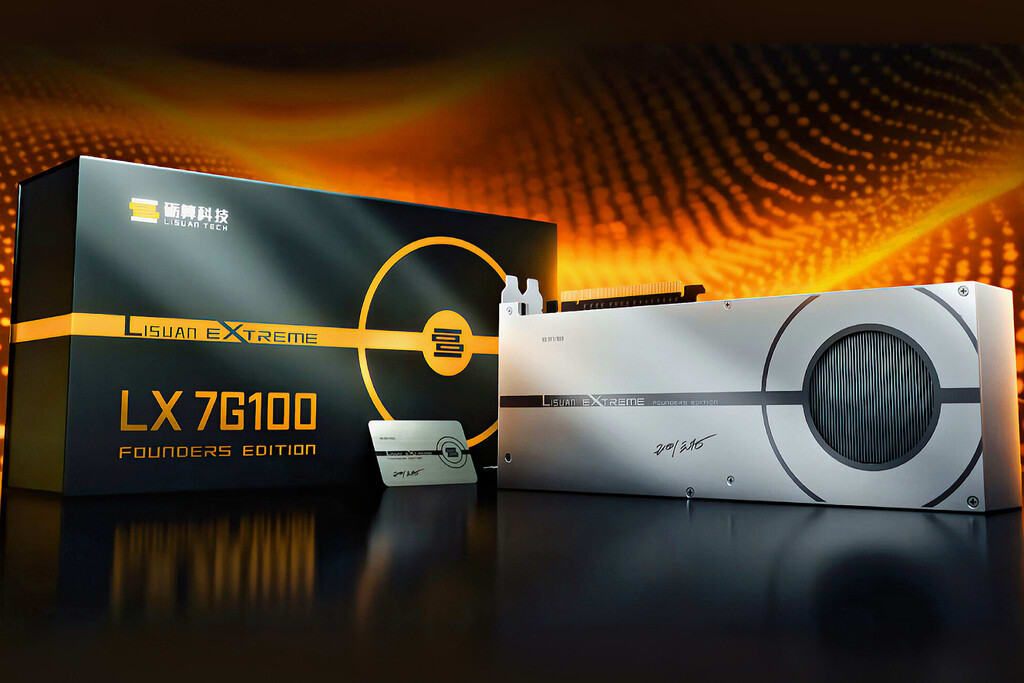 A Chinese-made GPU, the LX-7G100, shown in a professional studio setting, next to an NVIDIA RTX 3060 for comparison.