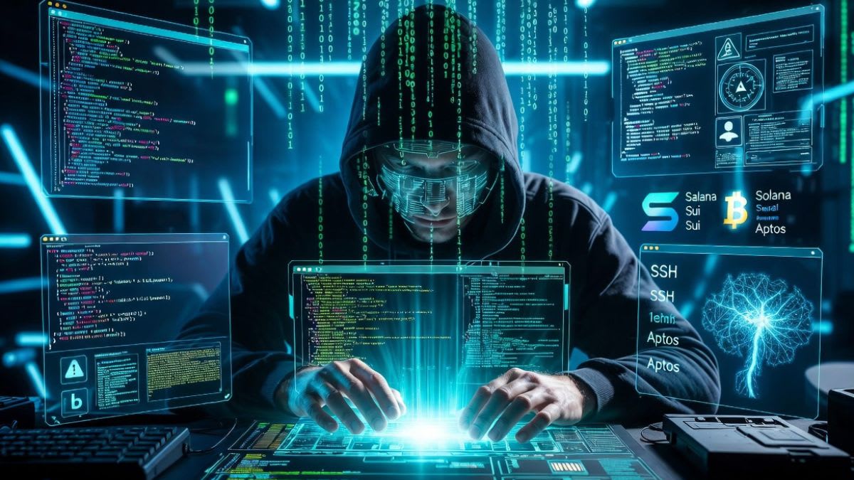 Un desarrollador trabajando en código fuente con una representación abstracta de datos y conexiones de red seguras en el fondo.