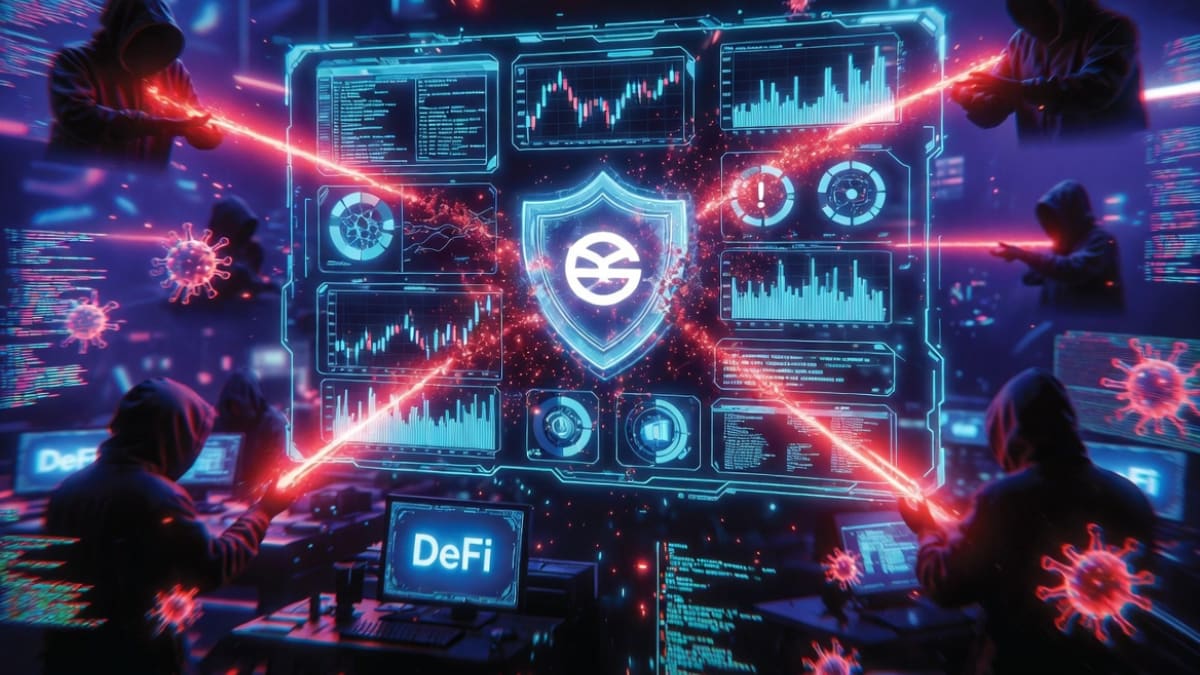 Representación abstracta de código de computadora entrelazado con símbolos de finanzas digitales, con un aura de vulnerabilidad.