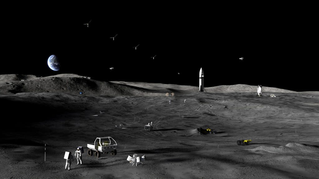 Representación artística de la base lunar de la NASA en el Polo Sur con naves y rovers