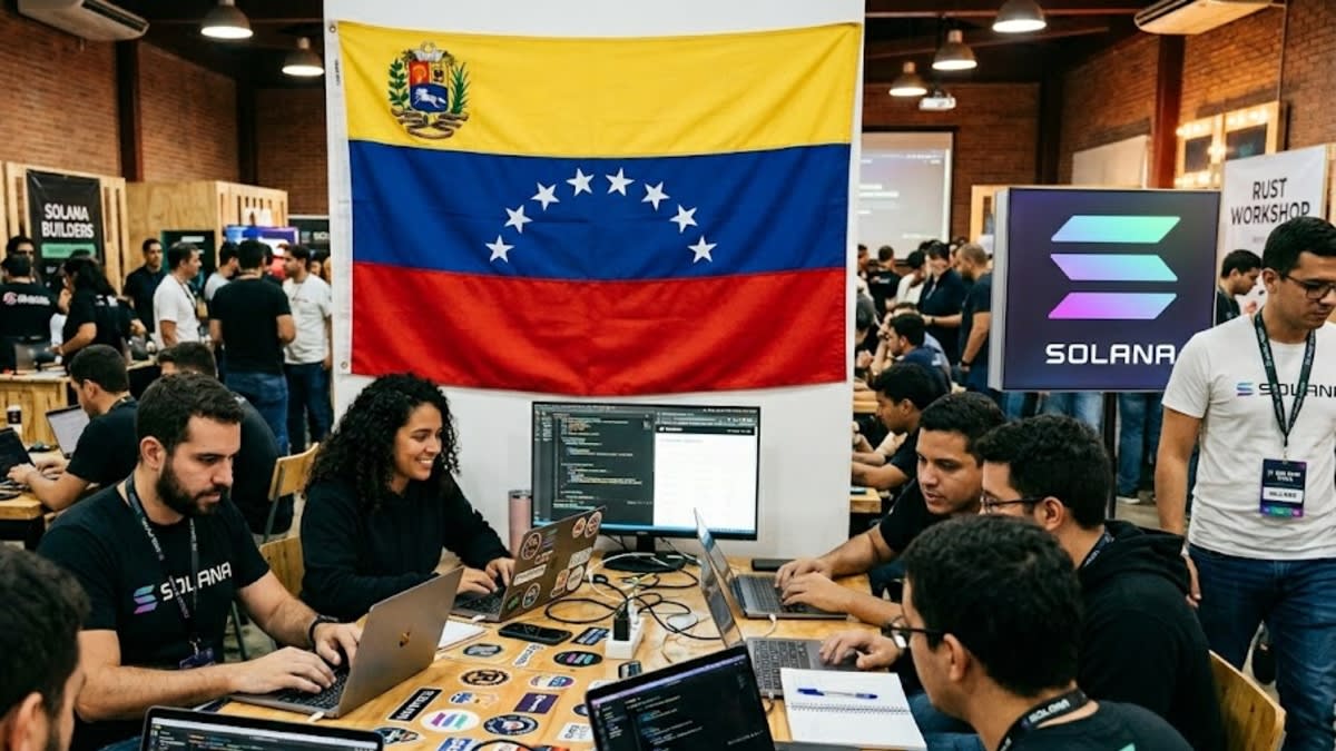 Un grupo de jóvenes venezolanos colaborando frente a pantallas con código y gráficos de blockchain, representando la comunidad de desarrollo de Solana.