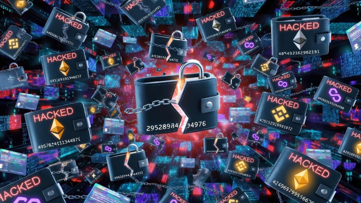 Representación digital de claves privadas siendo robadas de billeteras de criptomonedas en un entorno tecnológico abstracto.