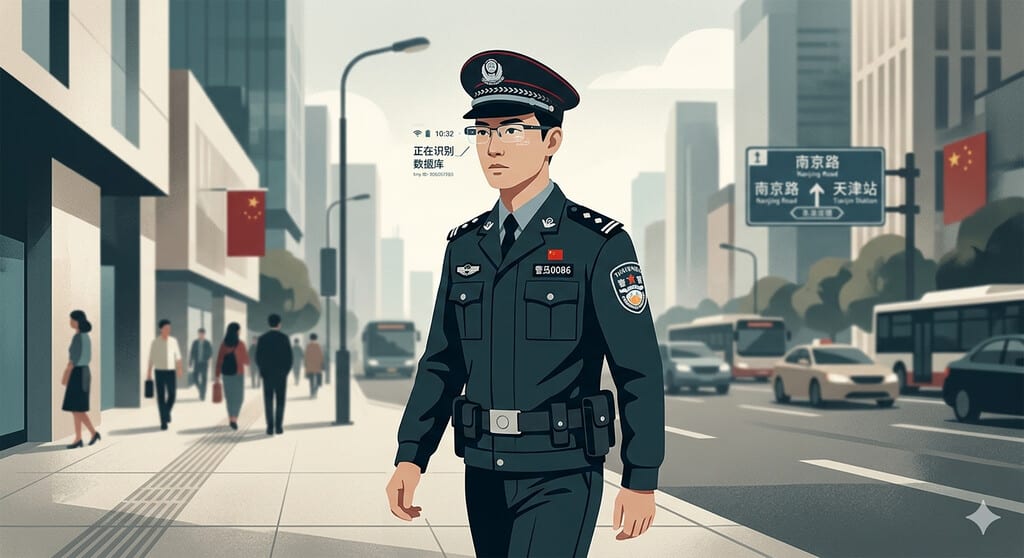 Un policía chino utiliza gafas inteligentes con realidad aumentada en una calle urbana.