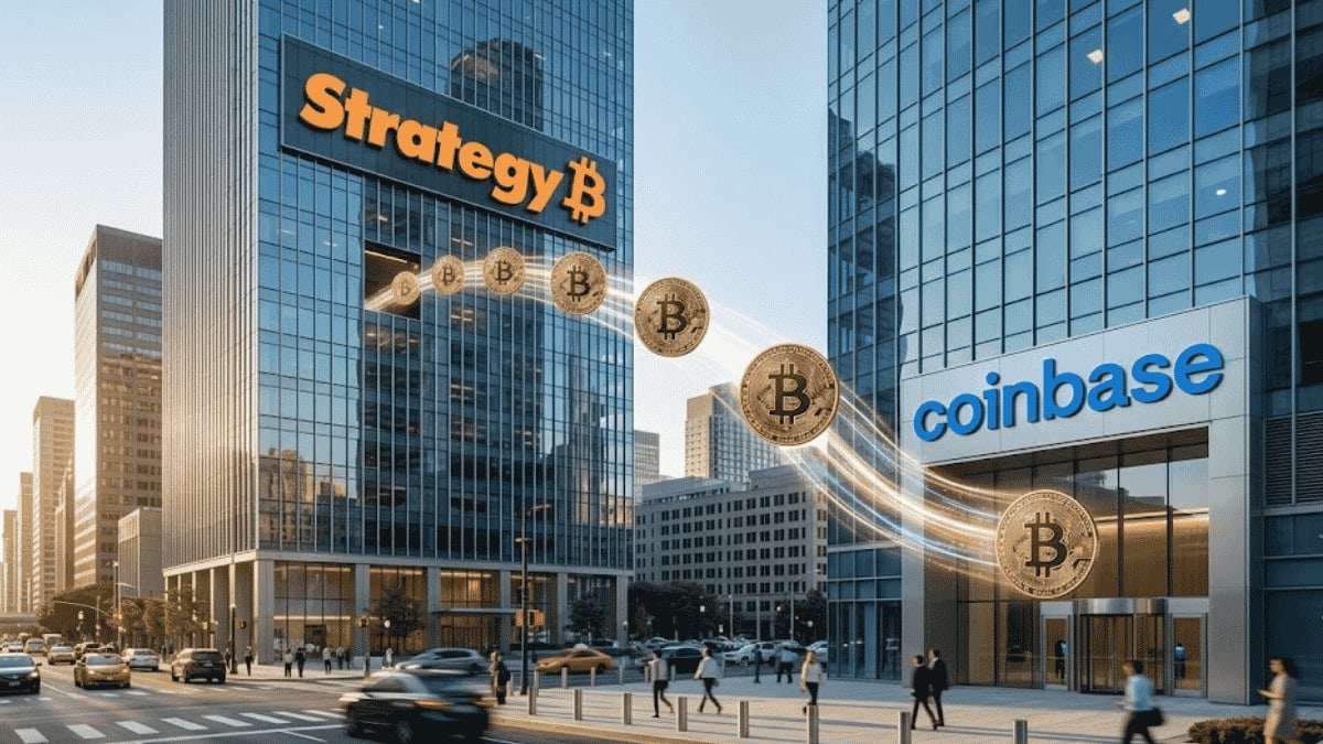 Una representación visual abstracta de bloques de datos de Bitcoin fluyendo hacia un logo estilizado de Coinbase.
