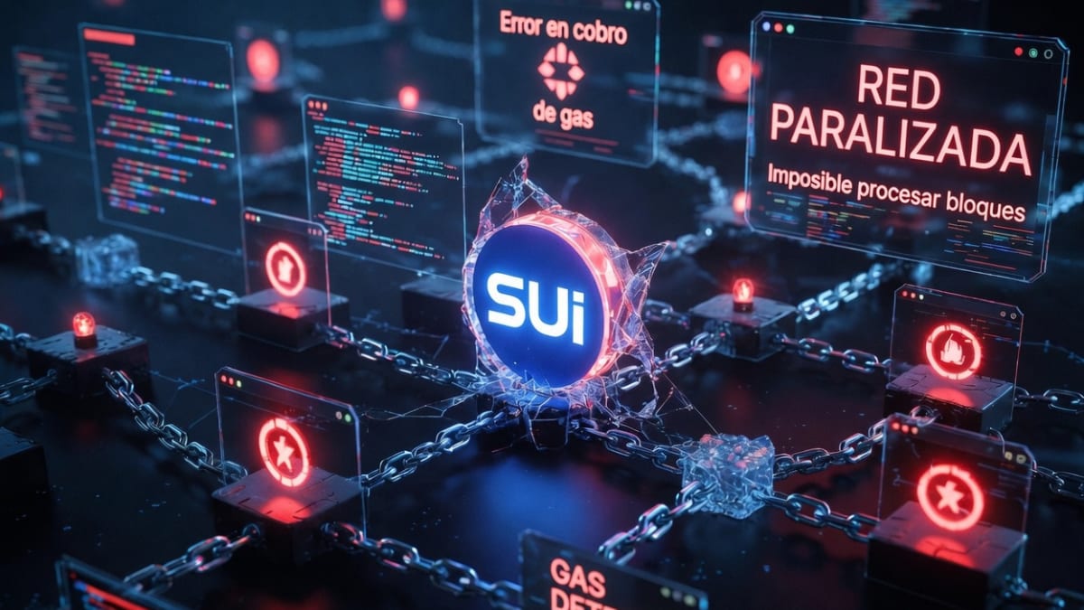 Representación abstracta de una red blockchain con nodos interconectados, uno de ellos mostrando un icono de error y una línea de tendencia descendente en el gráfico de precios asociado.