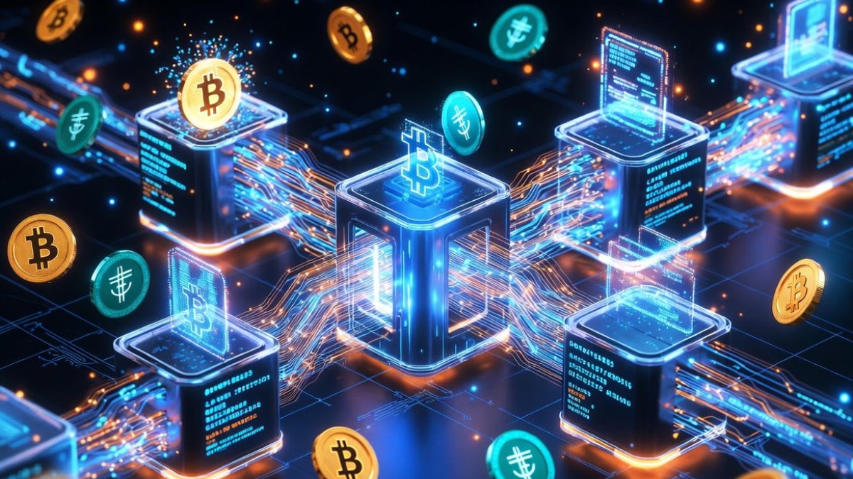 Representación abstracta de conexiones digitales fluyendo, simbolizando el ecosistema de las stablecoins y la ausencia de intervención bancaria tradicional.