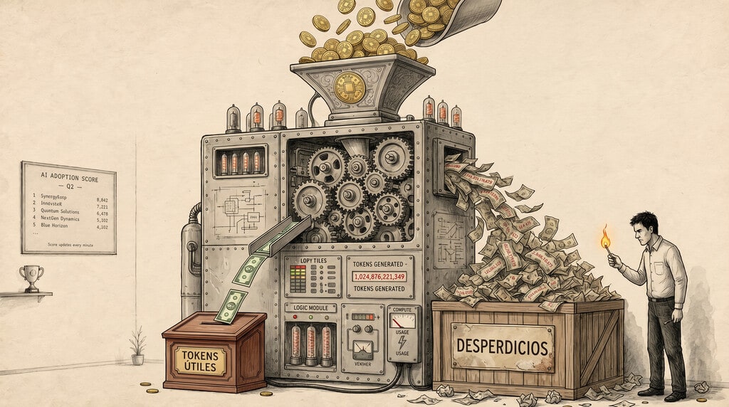Representación abstracta de flujos de datos y tokens siendo desperdiciados.