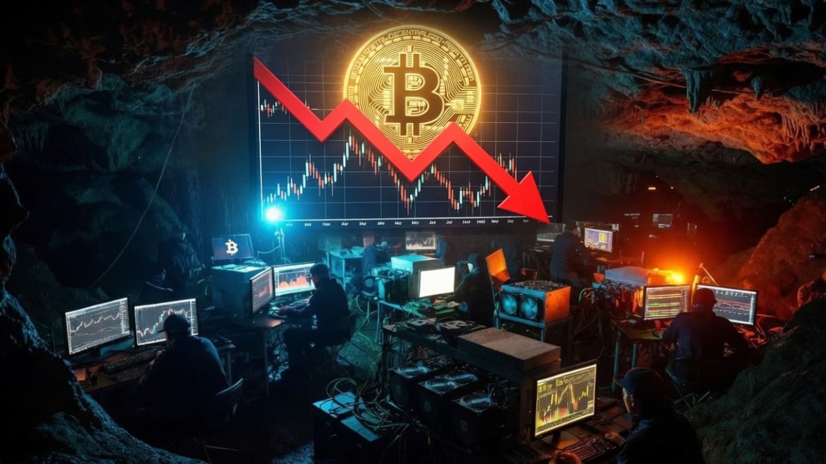 Gráfica abstracta de barras de ingresos decrecientes con temática de Bitcoin.