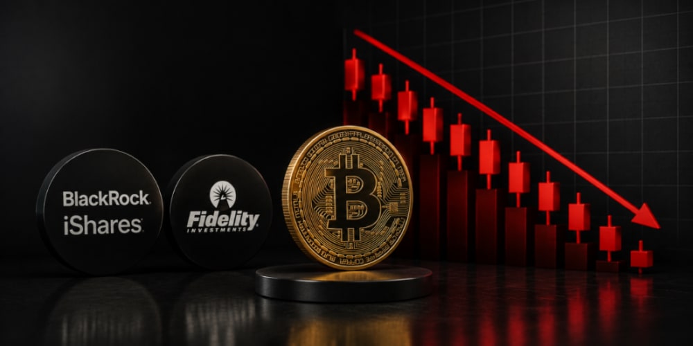 Gráfico de barras descendente mostrando salidas de capital de ETF de Bitcoin, con un fondo tecnológico abstracto.